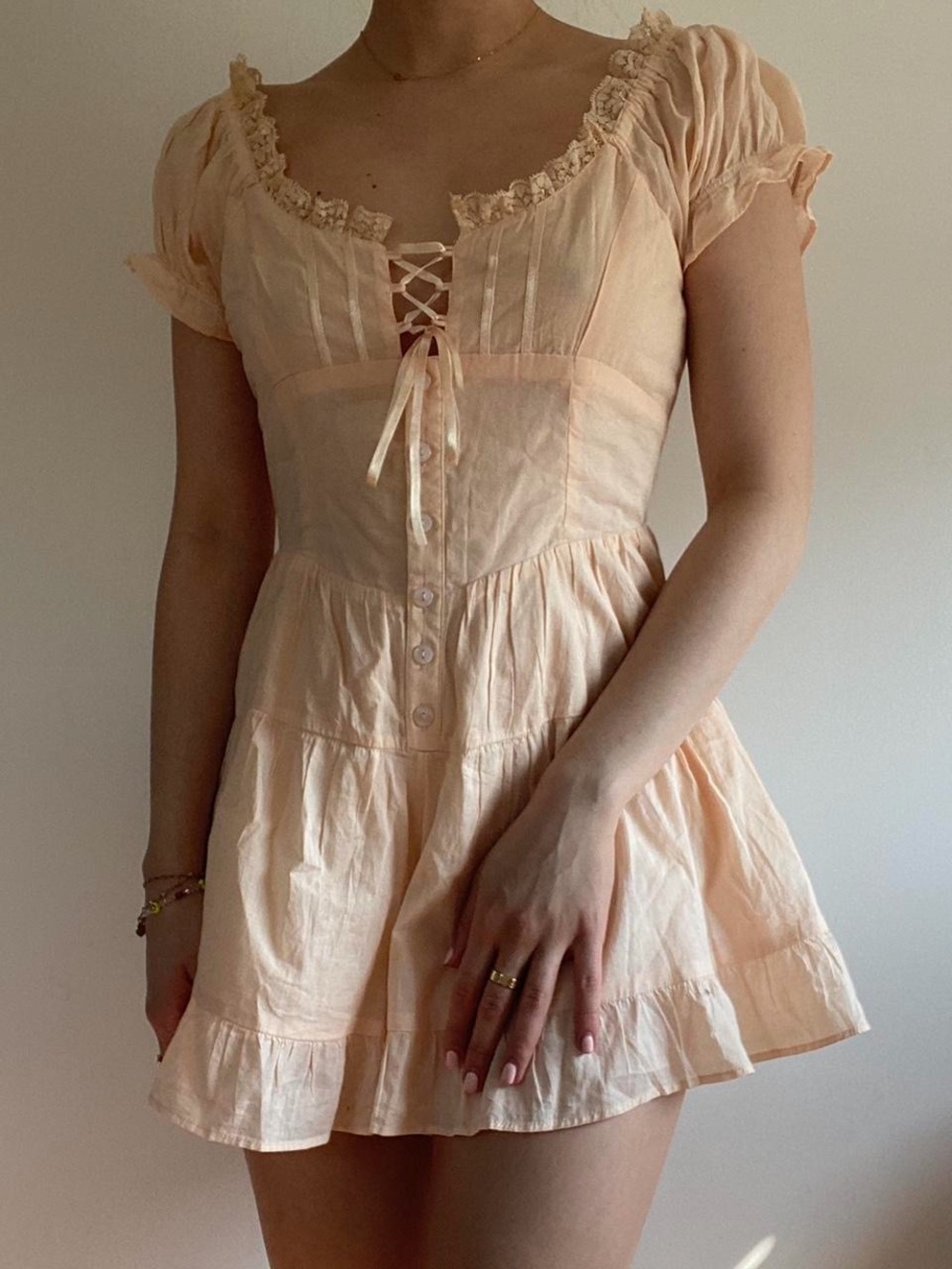 bp Peach Lace-Up Ruffle Mini Dress